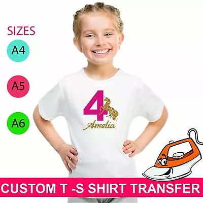 Custom Unicorn 4th Birthday Name Age Iron On Fabric Heat Transfer T Shirt Crew • £2.99