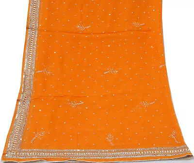 Sushila Vintage Orange Dupatta Pure Georgette Silk Beaded Embroidered Long Stole • $26.99