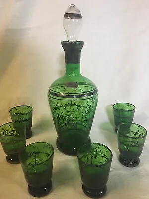 MURANO Glass Decanter W/ 6 Cup Set Argento 925 0/00 Made In Italy Vintage  • $39.99