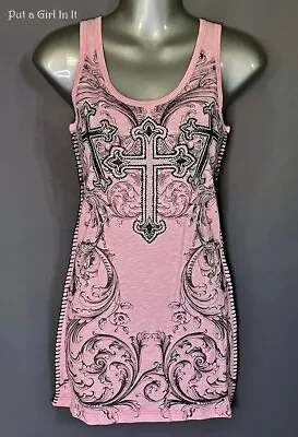 New VOCAL Womens CRYSTAL EMBELLISHED PINK CROSS TANK TOP SHIRT S Small USA M • $39.85