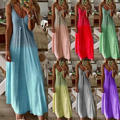 Womens Summer Gradient Long Dress Boho Beach Holiday V Neck Maxi Sundress Plus • $22.28