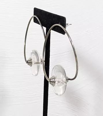 Modernist Unique Silver Tone Round Hoop Clear Acrylic Bead Earrings Avant Garde • $6.99