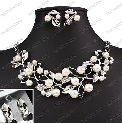 £6.99 • Buy CLIP ON Vintage Elegant PEARL LEAF Earrings NECKLACE Set Crystal GOLD/SILVER PLT