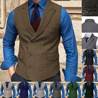 Hunting Men DoubleBreasted Waistcoat Tweed Herringbone Vest Vintage Wedding Wool • $48.39