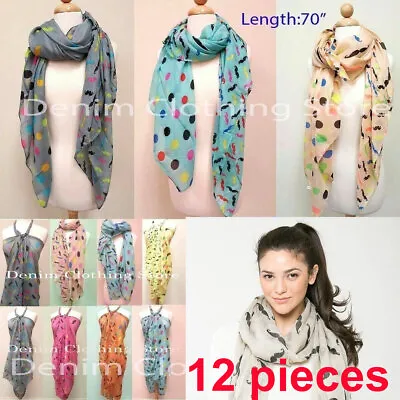 Lot Of 12 Women Fashion Mustache Chiffon Scarf Wrap Shawl Wholesale Gift Bundle  • $29.85