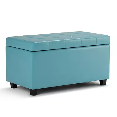 Cosmopolitan 34 Inch Wide Rectangle Storage Ottoman In Soft Blue Faux Leather • $154.84