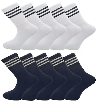 Mens Sports Crew Socks 5 Pairs Running Gym Walking White Black Stripped 6-11 • £6.85