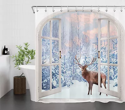 Retro Window Forest Snow Scene Elk Winter Shower Curtain Set For Bathroom Decor • $16.99