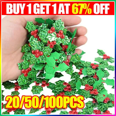 100PCS Christmas Mini Holly Berry Leaves Embellishments DIY Craft Decorations UK • £2.26