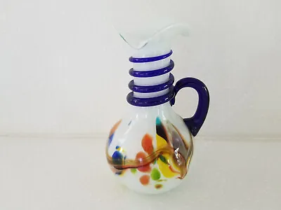 VTG Murano Hand Blown Art Glass Pitcher Vase W/Handle & Ruffled Top 6 1/2 In • $22.99