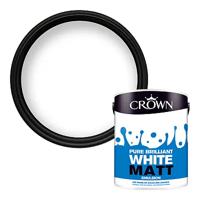 Crown Matt Emulsion Paint For Interior Walls Ceilings Pure Brilliant White 5L • £15.44