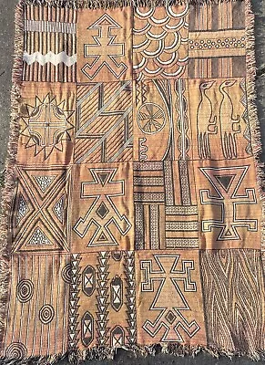 Vintage Fringed Woven Blanket Tiki Hawaii 46”x66” Throw Polynesian Souvenir ￼￼ • $14.99