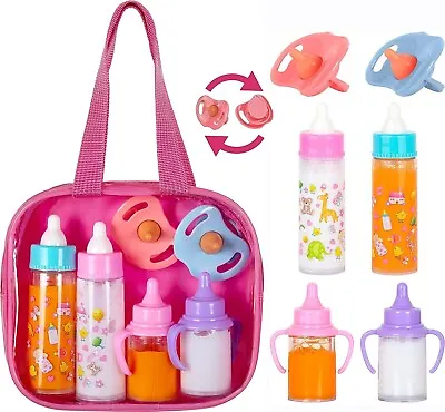 6pc Baby Doll Feeding Accessories Set With Doll Magic Bottles And A Baby Bag • £13.99