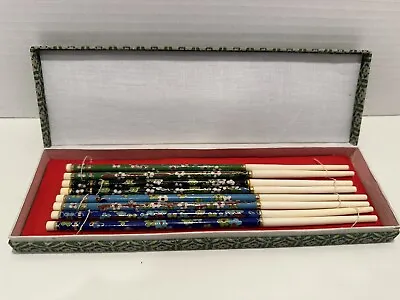 Vintage 4 Pair Set Cloisonné Enamel/Bone Chinese Chopsticks W/Box • $24.99