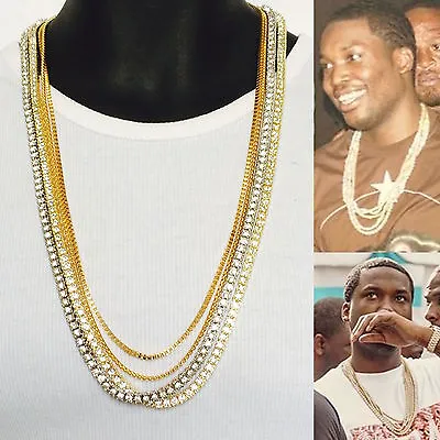 Mens Hip Hop Meek Mill 4 Chains Necklace Set Cz roundbox Chain Stainless Steel • $14.99