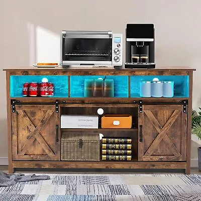 57'' LED Farmhouse Coffee Bar Cabinet Sliding Barn Door TV Stand W/ Power Outlet • $199.99