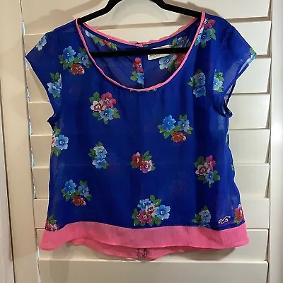 $23.95 • Buy Hollister Size M Blue Pink Floral Blouse Shirt Top Casual Weekend Business