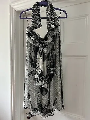 Rare Chanel Silk Halter Neck Black & White CC Logo Cocktail Dress Size 36 • £800