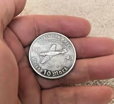 1943 10 Reichsmark German Fuhrer Messerschmitt Airplane Wwii Commemorative Coin • $7.49