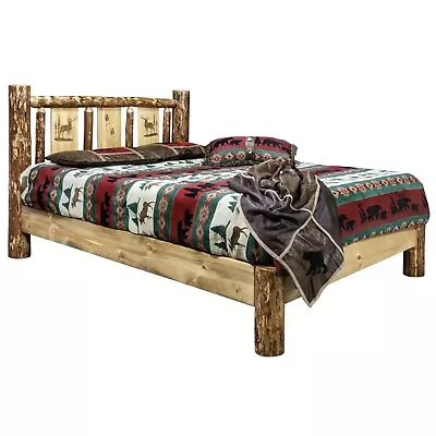 LOG Platform Bed KING Rustic Western  Etched  Carvings Art Bear Wolf Deer Elk • $1499