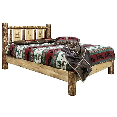 QUEEN Log Platform Bed Rustic Etched Western Unique Carving Woodburning Elk Bear • $1301.07