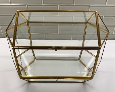 Vintage Geometric Trinket Display Box Brass & Glass Hinged Lid • $99.95