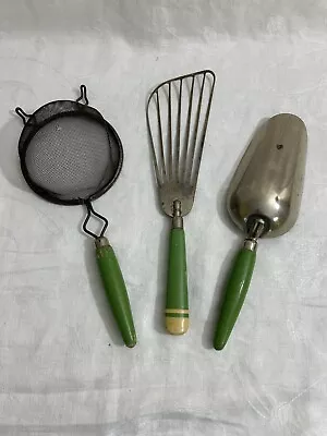 Vintage Green Wooden Handled Kitchen Utensils Lot Of 3 Farmhouse Decor • $14.97