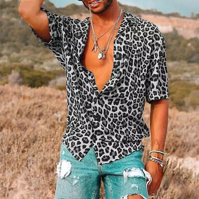 Men Leopard Print Shirt T-Shirt Button-Down Hawaiian Summer Short Sleeve Tops • $15.52