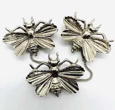 NATACHA BROOKS Sterling Silver 3 Bee/Bug Chatelaine Brooch 23gm Vintage Jewelry • $175