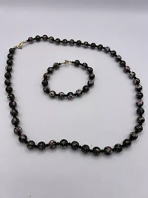 Vintage Cloisonné Beaded Necklace Bracelet Chinese Import 10K Floral Black • $28