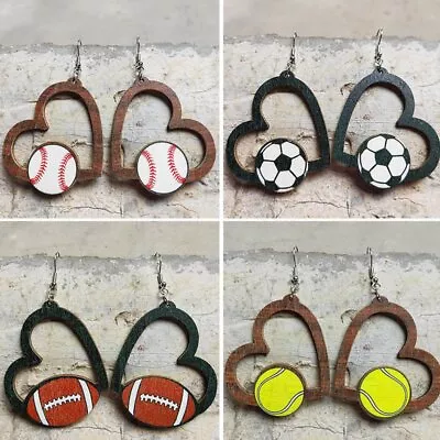 Boho Sport Football Big Love Heart Ear Hoop Earrings Wood Women Jewellery Gift • $1.26