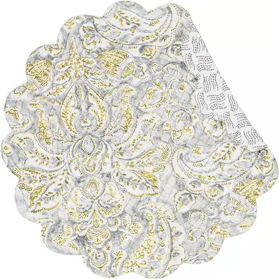 $10.50 • Buy VOLTERRA Damask Quilted Reversible Round C&F Placemat - Grays, White, Yellow