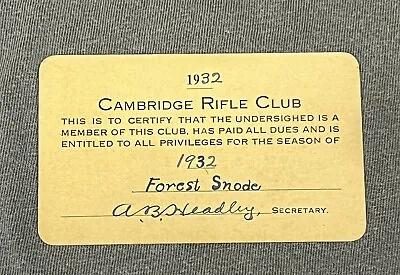 1932 CAMBRIDGE RIFLE CLUB Membership ID Card Maryland MD Hunting • $8