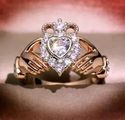 3Ct Heart Cut Lab Created Claddagh Engagement Ring 14k Rose Gold Plated Silver • $74.99