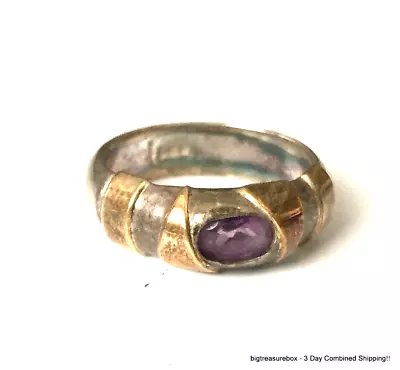 Vintage Ring MARKED 925 STERLING SILVER Size 8 Amethyst & Gold Band Jewelry Lot • $5.50