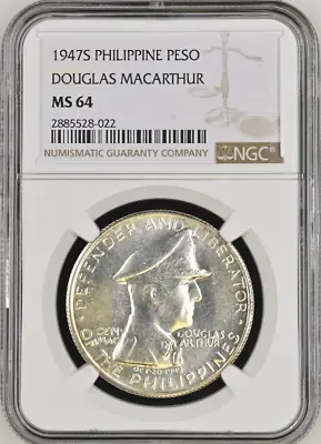 :1947-s S1-peso Philippines Doug Macarthur Near-gem Ngc Ms64 Rare R3 High-grades • $199.95