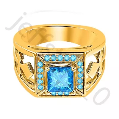 2 Ctw Lab Created Blue Topaz 14K Yellow Gold Over Wedding Square Men's Ring • $67.99