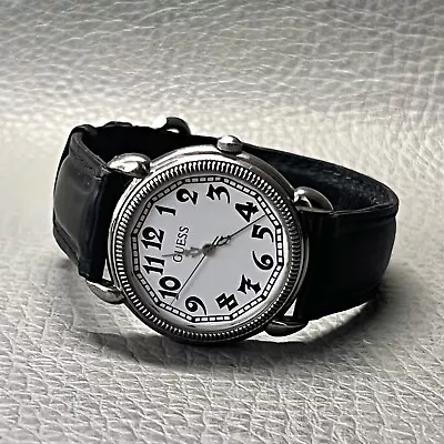 Vintage Guess Watch Women Black Leather Band White Dial Silver Tone WR 3ATM • $32