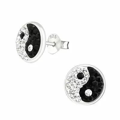 Ladies Girls Boys 925 Sterling Silver CRYSTAL YIN YANG Stud Earrings Boxed UK • £7.97