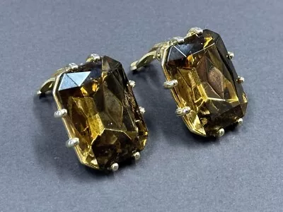 Vintage Schiaparelli Large Square Gold Tone Glass Clip Earrings Signed • $89