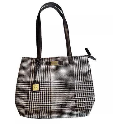 Ralph Lauren Classic Houndstooth Shoulder Bag Brown Canvas Leather • $24.99