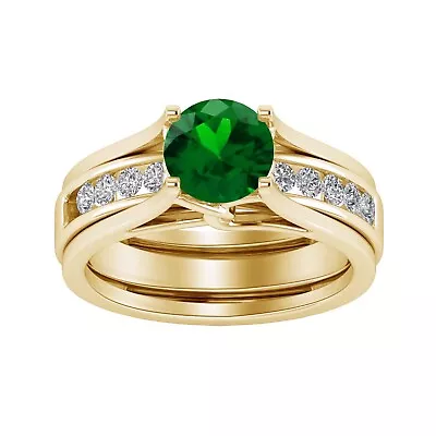 1.70 Ct Round Lab Created Emerald & Real Diamond Solitaire Ring 14K Yellow Gold • $1203.23
