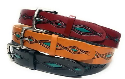 Men's Western Leather Belt. Turquoise Decorated New Mexico Style Cowboy Belt • $22.99