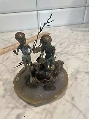 Vintage Malcolm Moran Bronze Sculpture Boy’s Fishing  *Signed* Heavy With Base • $600