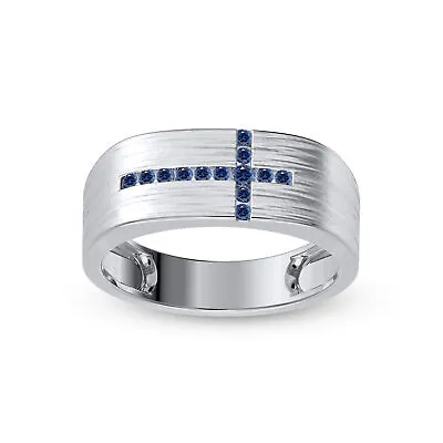 0.30 Ct Round Real Sapphire Mens Cross Ring For Any Occasion 10K White Gold • $928.93