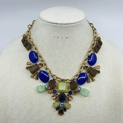 J. Crew Statement Necklace Blue Green Crystal Acrylic Gold Tone Jewelry • $34.95