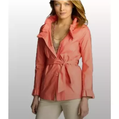 J Crew Womens Jacket Size 10 Ruffled Lightweight Coral Belted Cotton High Collar • $18.75