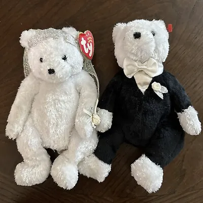 Ty Beanie Baby Bride Groom Bear Set Black White Tux Veil • $40