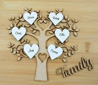 MDF Cursive Family Tree & Engraved White Hearts Personalised Painted & Family • £23.60