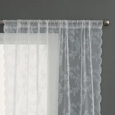 White Lace Curtains Drapes Net Floral Valance Semi Sheer Voile Curtains Slot Top • £9.35